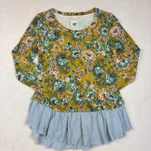 Anthropologie LILKA Ruffle Hem Pullover Women's XS Floral Crew Neck Long Sleeve